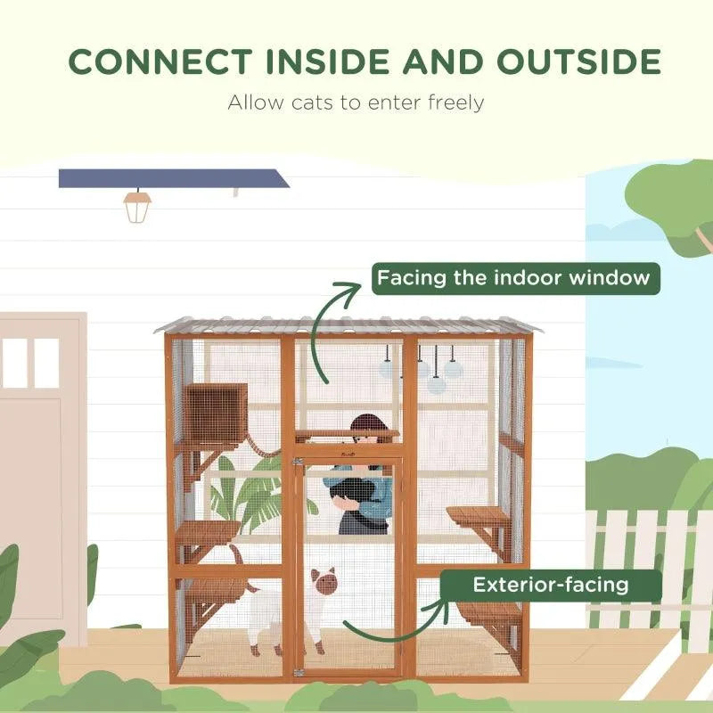 PawHut Catio Window Box Outdoor Enclosure with Bridge Platforms - Default Title | OmniaPaws