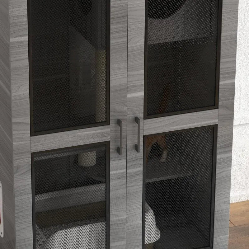 PawHut Cat Tree House with Scratching Post and Wheels - Gray | OmniaPaws