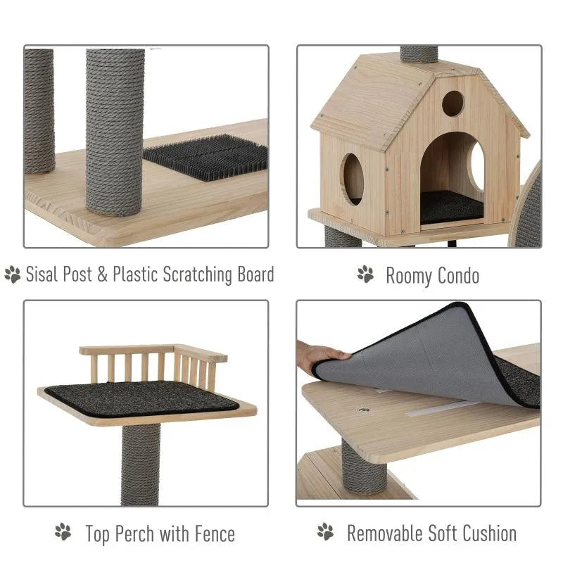 PawHut 56" Cat Tree Activity Condo Luxury Pine Wood with Hamster-Wheel - Default Title | OmniaPaws
