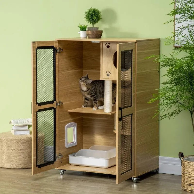 PawHut Cat Tree House with Scratching Post and Wheels - Gray | OmniaPaws