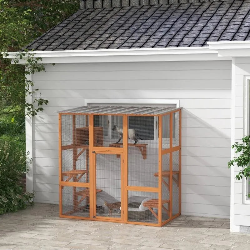 PawHut Catio Window Box Outdoor Enclosure with Bridge Platforms - Default Title | OmniaPaws