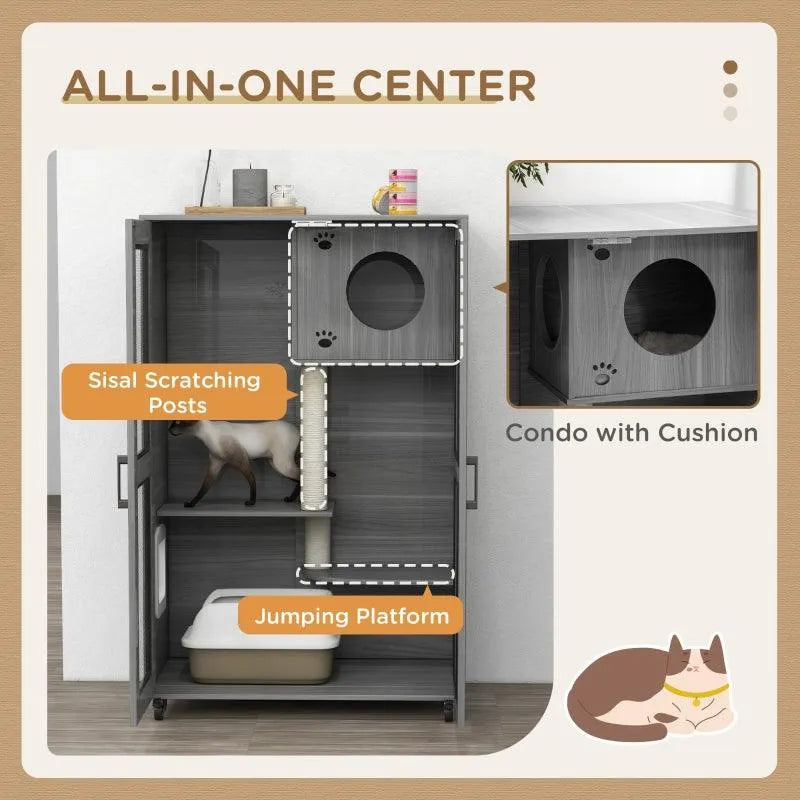 PawHut Cat Tree House with Scratching Post and Wheels - Gray | OmniaPaws