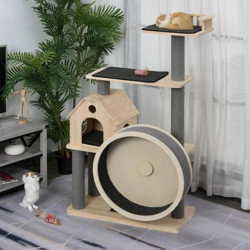 PawHut 56" Cat Tree Activity Condo Luxury Pine Wood with Hamster-Wheel - Default Title | OmniaPaws