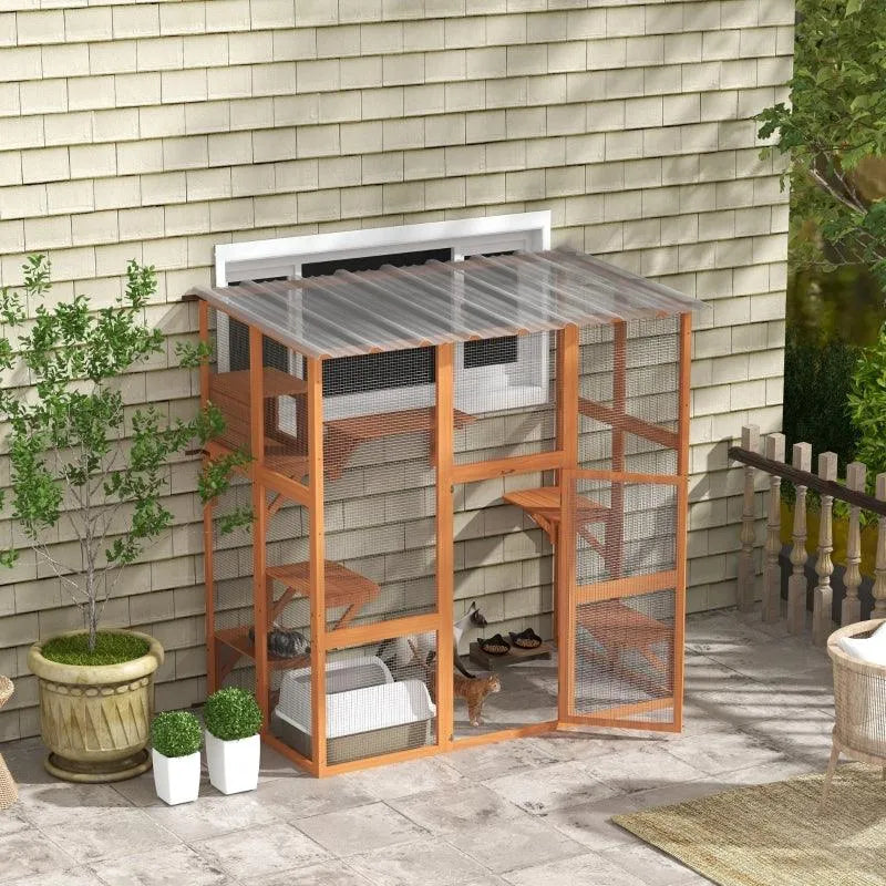 PawHut Catio Window Box Outdoor Enclosure with Bridge Platforms - Default Title | OmniaPaws