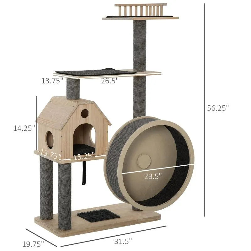 PawHut 56" Cat Tree Activity Condo Luxury Pine Wood with Hamster-Wheel - Default Title | OmniaPaws