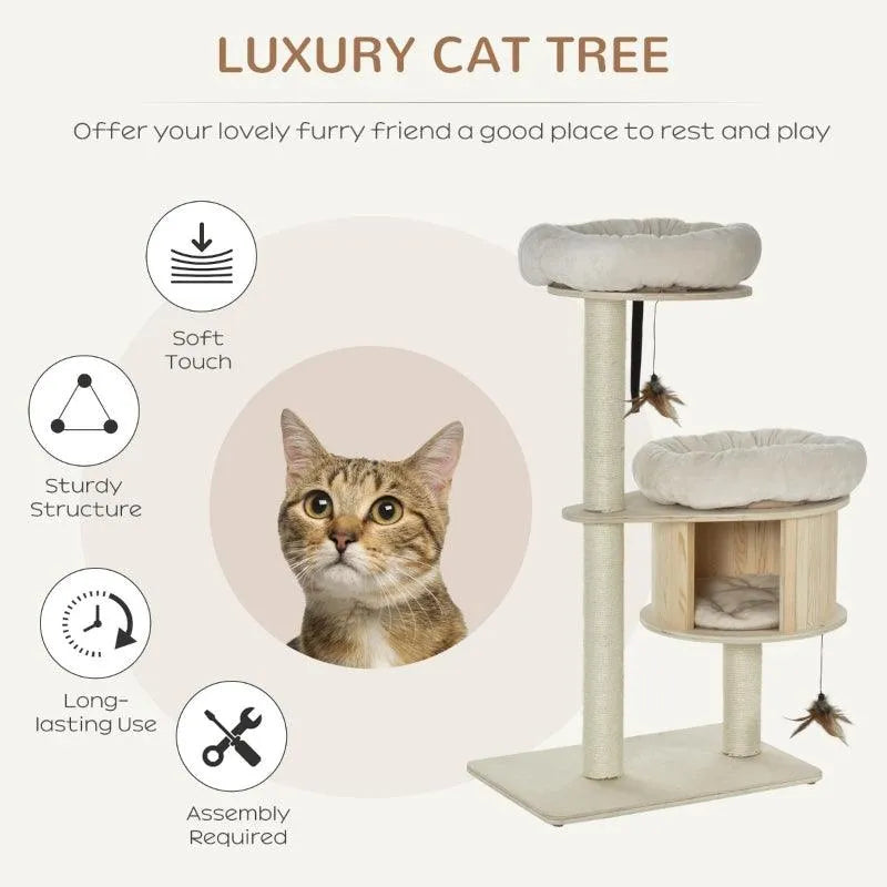 PawHut 3-Level Cat Tree with Sisal Scratching Posts - Default Title | OmniaPaws
