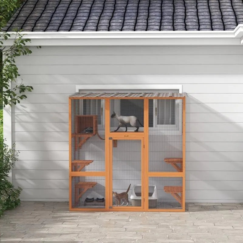 PawHut Catio Window Box Outdoor Enclosure with Bridge Platforms - Default Title | OmniaPaws