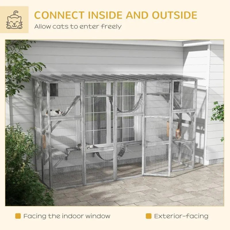 PawHut Catio Window Box Outdoor Enclosure - 118" x 37.5" x 74" - Gray | OmniaPaws