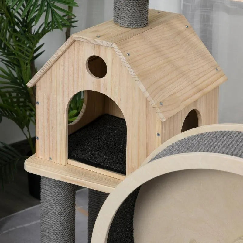 PawHut 56" Cat Tree Activity Condo Luxury Pine Wood with Hamster-Wheel - Default Title | OmniaPaws