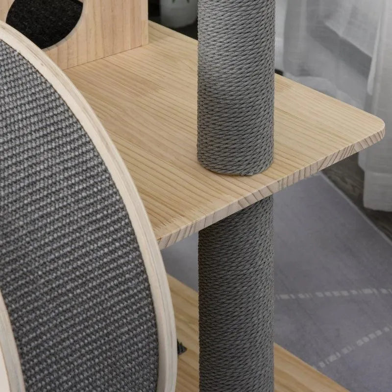PawHut 56" Cat Tree Activity Condo Luxury Pine Wood with Hamster-Wheel - Default Title | OmniaPaws