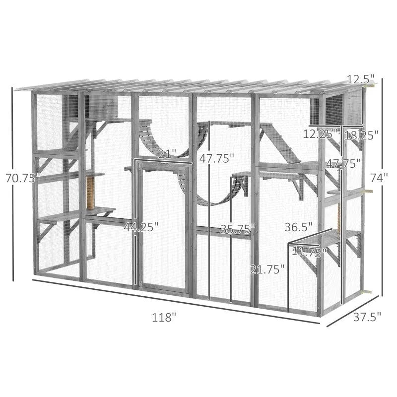PawHut Catio Window Box Outdoor Enclosure - 118" x 37.5" x 74" - Gray | OmniaPaws