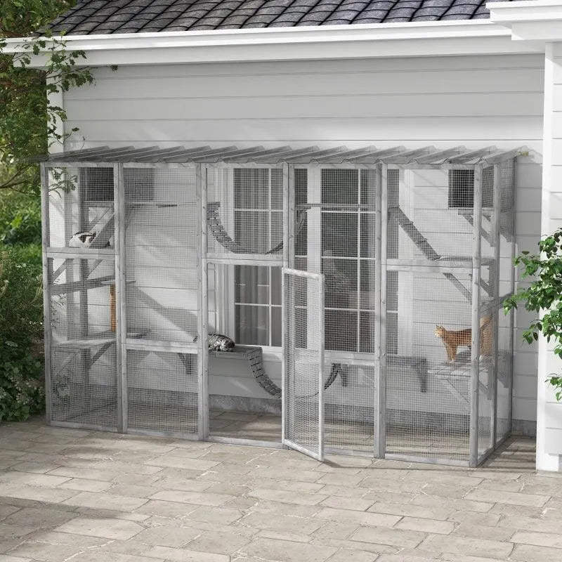 PawHut Catio Window Box Outdoor Enclosure - 118" x 37.5" x 74" - Gray | OmniaPaws