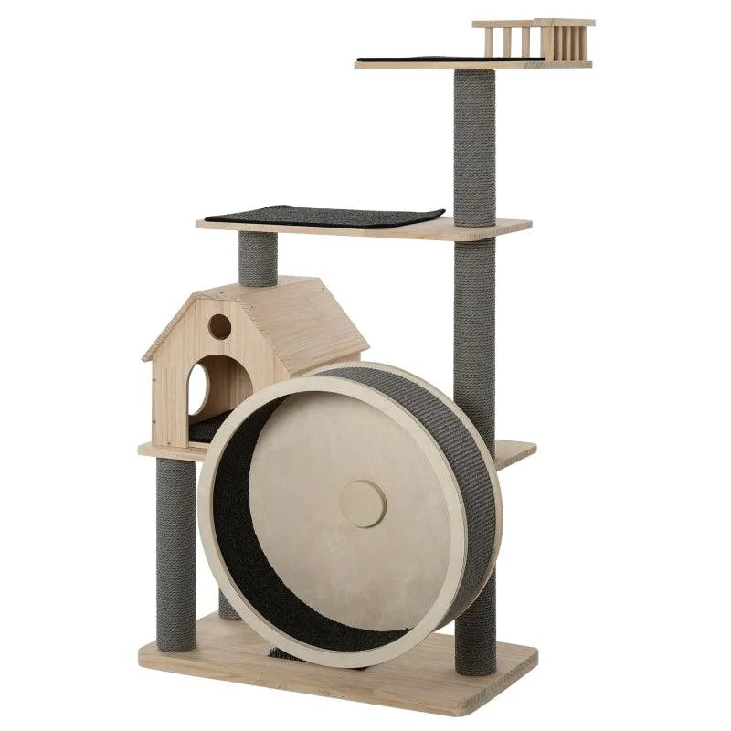 PawHut 56" Cat Tree Activity Condo Luxury Pine Wood with Hamster-Wheel - Default Title | OmniaPaws
