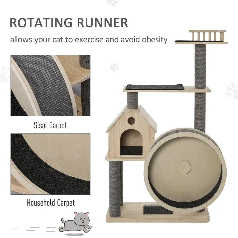 PawHut 56" Cat Tree Activity Condo Luxury Pine Wood with Hamster-Wheel - Default Title | OmniaPaws