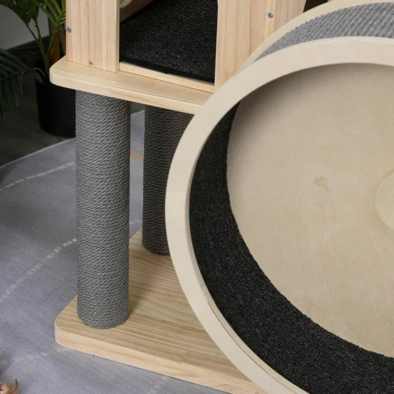 PawHut 56" Cat Tree Activity Condo Luxury Pine Wood with Hamster-Wheel - Default Title | OmniaPaws