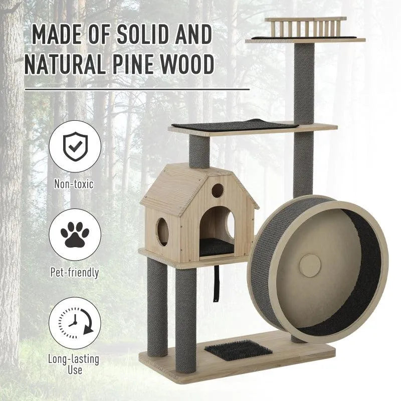 PawHut 56" Cat Tree Activity Condo Luxury Pine Wood with Hamster-Wheel - Default Title | OmniaPaws