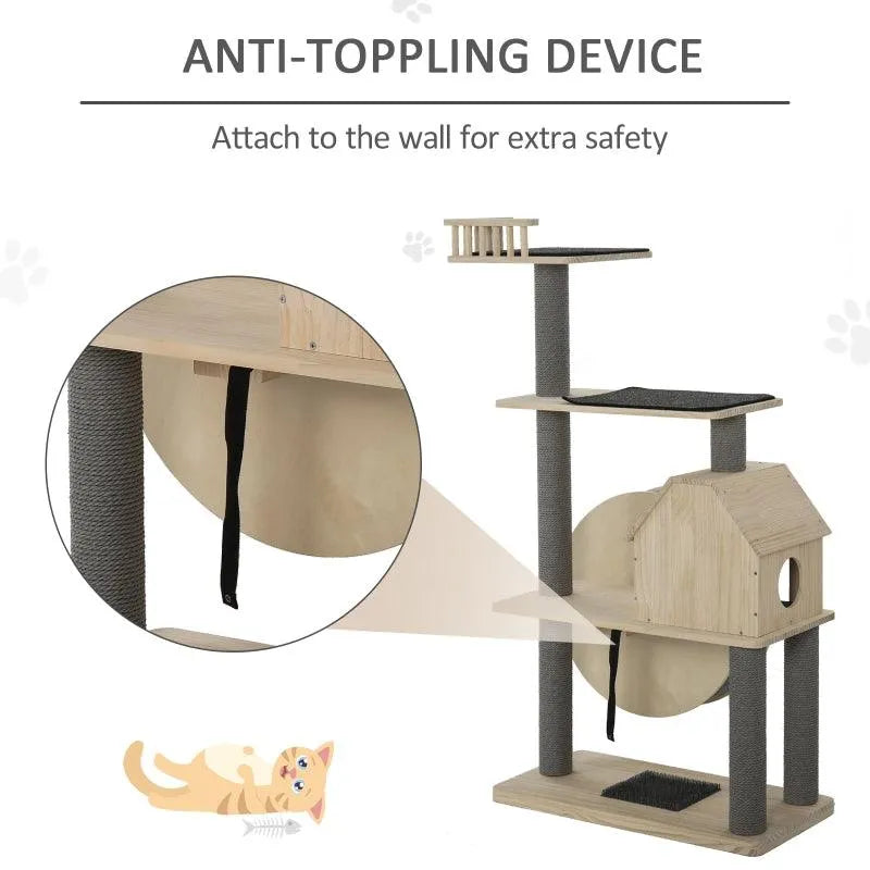 PawHut 56" Cat Tree Activity Condo Luxury Pine Wood with Hamster-Wheel - Default Title | OmniaPaws