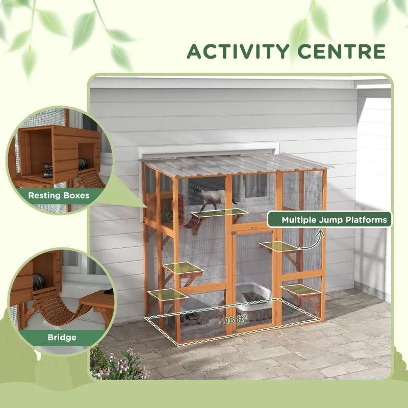 PawHut Catio Window Box Outdoor Enclosure with Bridge Platforms - Default Title | OmniaPaws