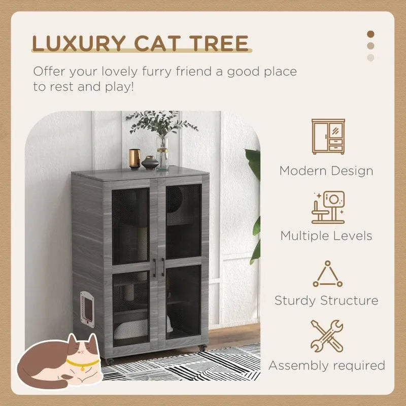 PawHut Cat Tree House with Scratching Post and Wheels - Gray | OmniaPaws