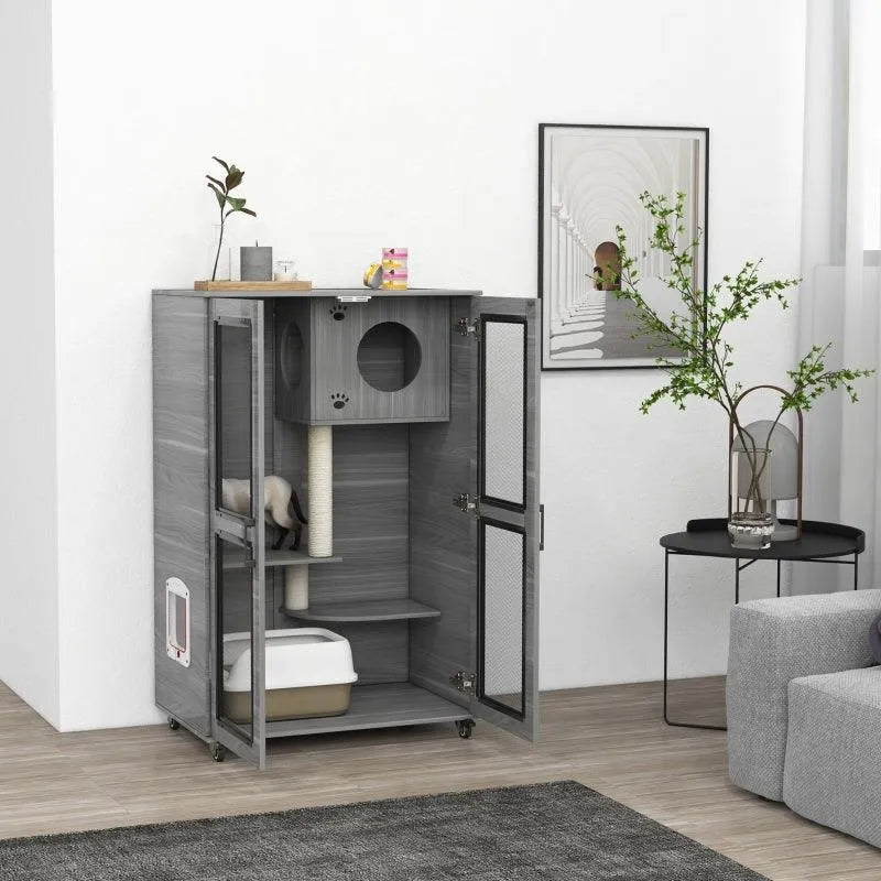 PawHut Cat Tree House with Scratching Post and Wheels - Gray | OmniaPaws