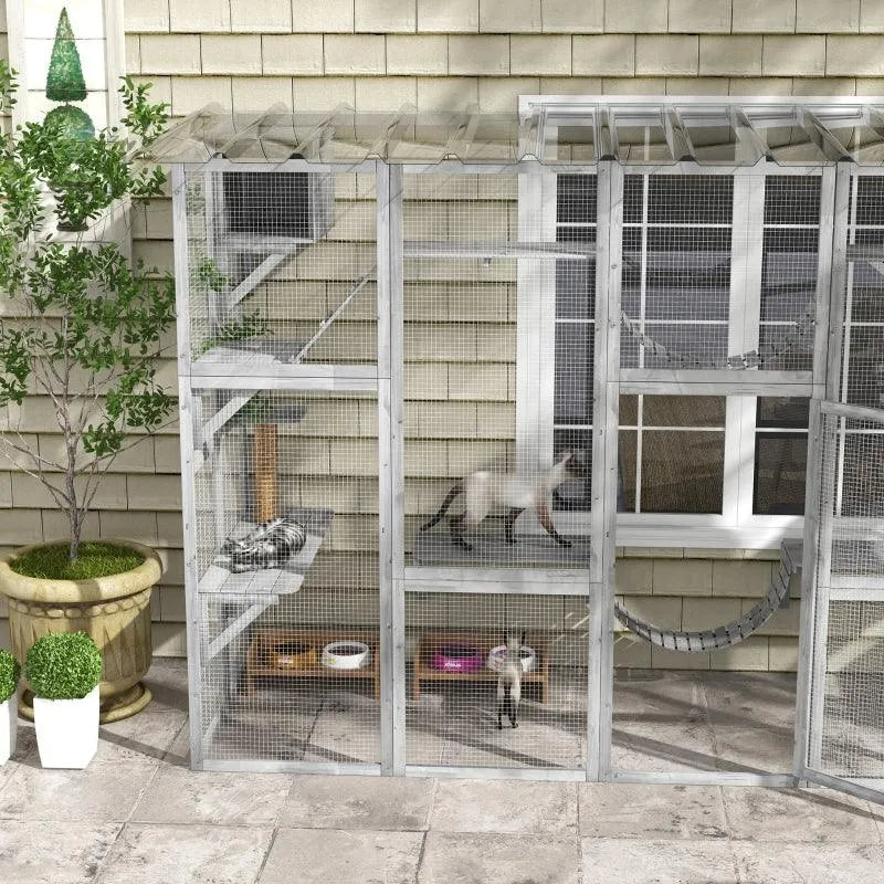 PawHut Catio Window Box Outdoor Enclosure - 118" x 37.5" x 74" - Gray | OmniaPaws