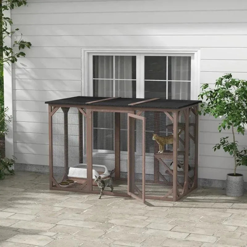 PawHut Catio Outdoor Enclosure - 70.75" x 31.5" x 44" - Brown | OmniaPaws