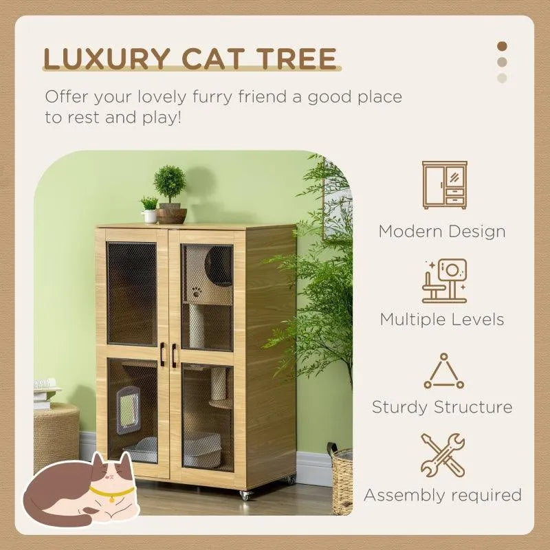 PawHut Cat Tree House with Scratching Post and Wheels - Gray | OmniaPaws