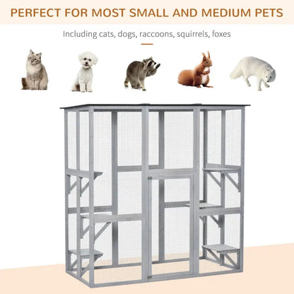 PawHut Large Catio Enclosure with Weather Protection, 6 Cat Platforms 71" x 38.5" x 71" - OmniaPaws