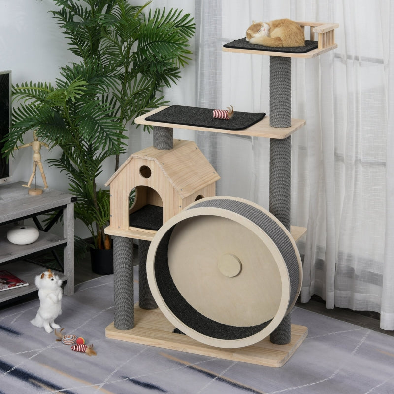 PawHut 56" Cat Tree Activity Condo Luxury Pine Wood with Hamster-Wheel - OmniaPaws