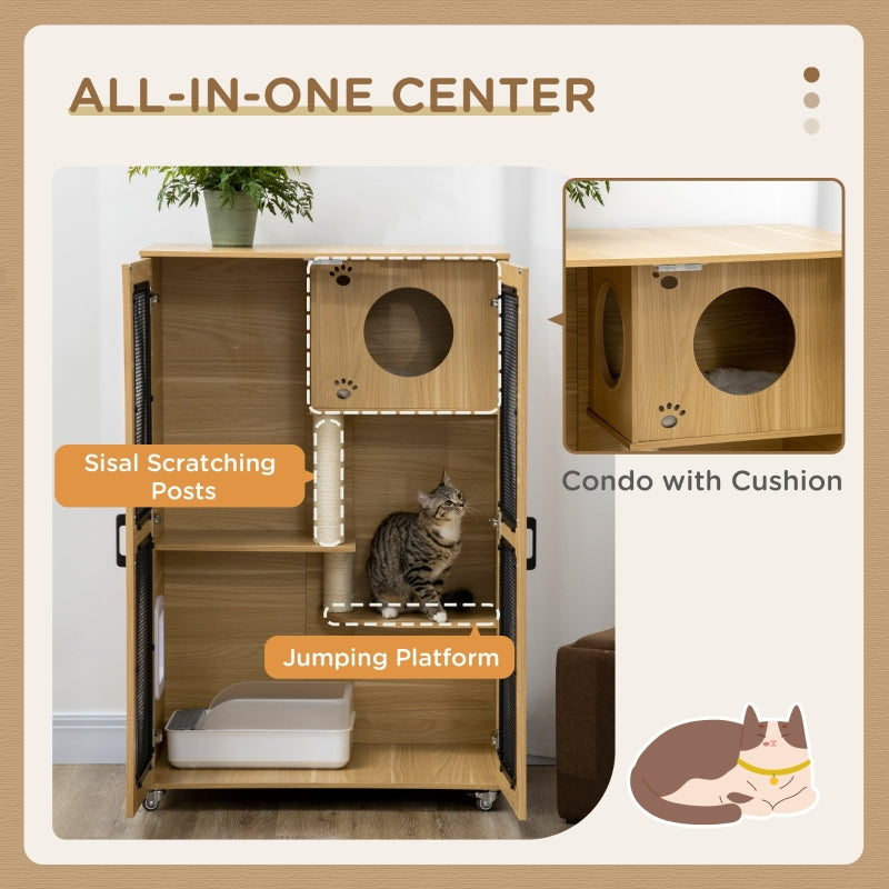 PawHut Cat Tree House with Scratching Post and Wheels - OmniaPaws