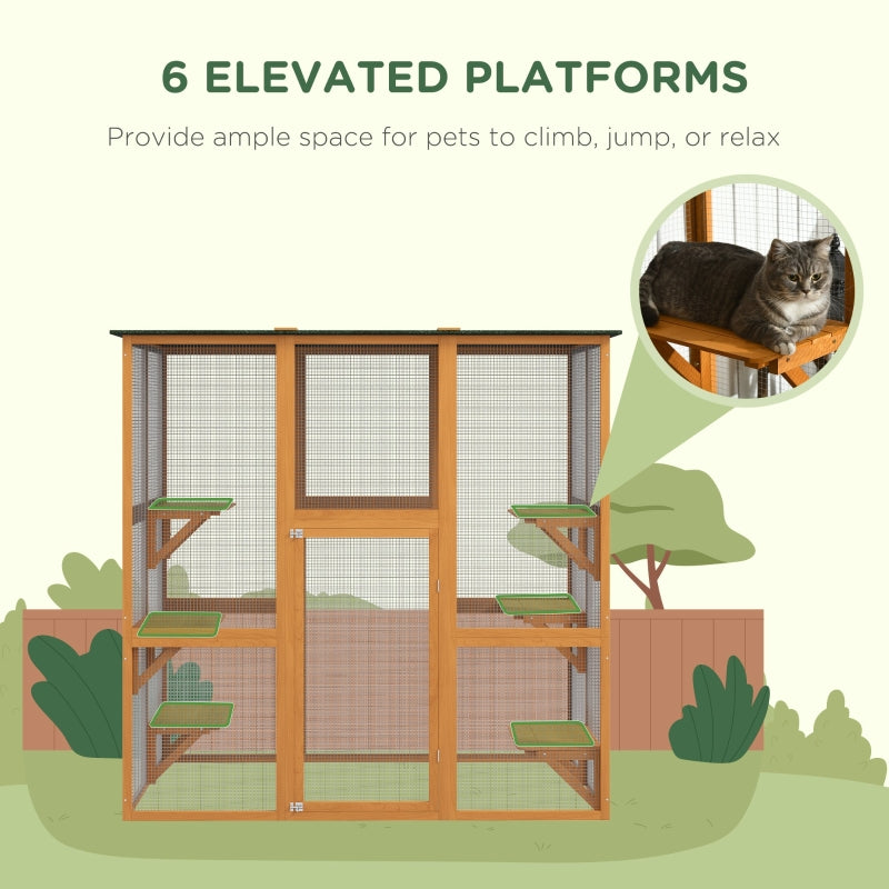 PawHut Large Catio Enclosure with Weather Protection, 6 Cat Platforms 71" x 38.5" x 71" - OmniaPaws